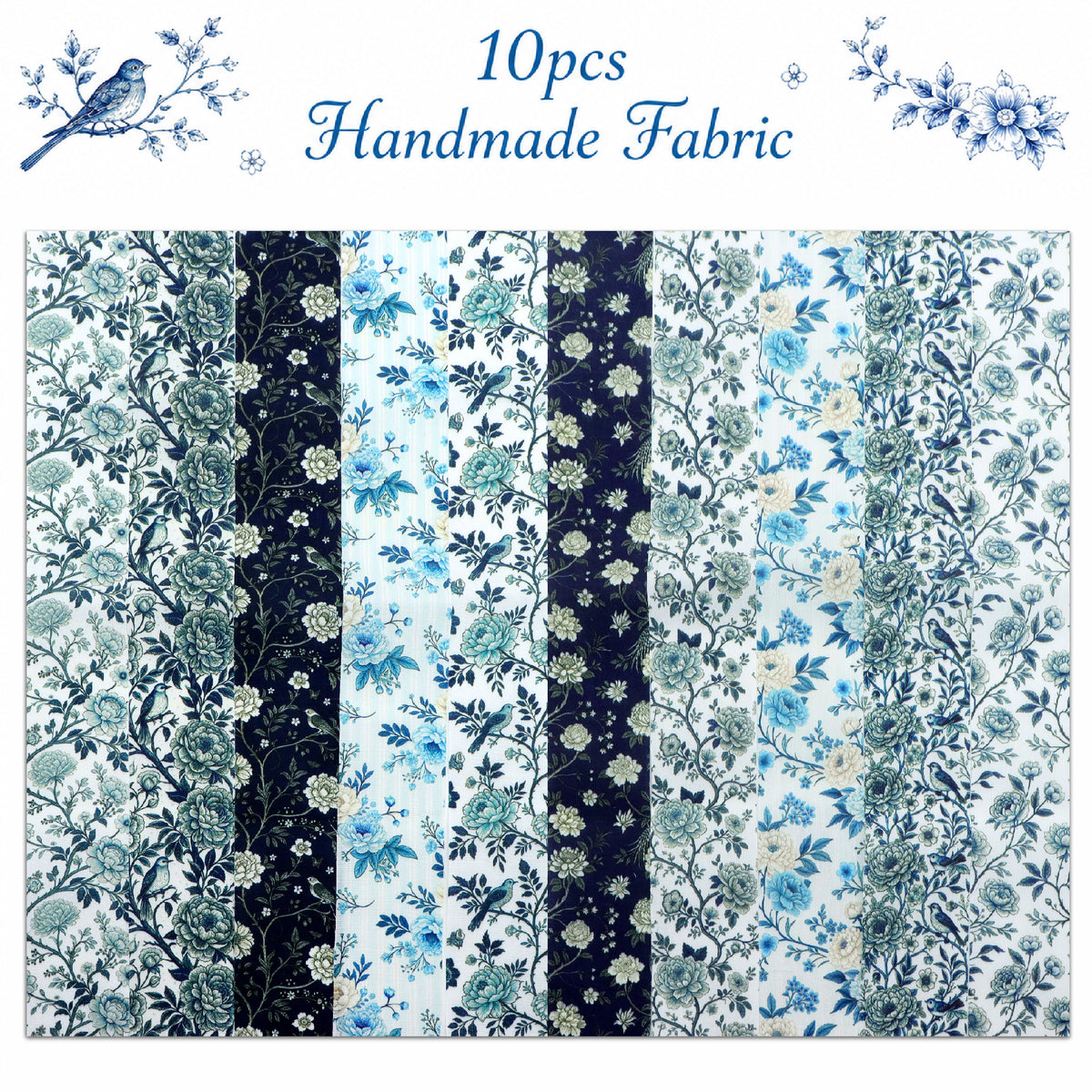 10pcs Vintage Blue Floral Pattern Jelly Roll Fabric Strips 2.5X19.7inch Pre-Cut 100% Polyester For Patchwork Quilts, Table Runners, Placemats, Tote Bags, Storage Pouches, Makeup Bags, Coasters, Quilt Blocks & Binding