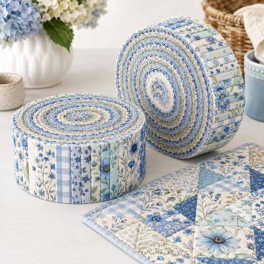 10pcs Vintage Blue Hydrangea Floral Pattern Jelly Roll Fabric Strips 2.5X19.7inch Pre-Cut 100% Polyester For Patchwork Quilts, Table Runners, Placemats, Tote Bags, Storage Pouches, Makeup Bags, Coasters, Quilt Blocks & Binding