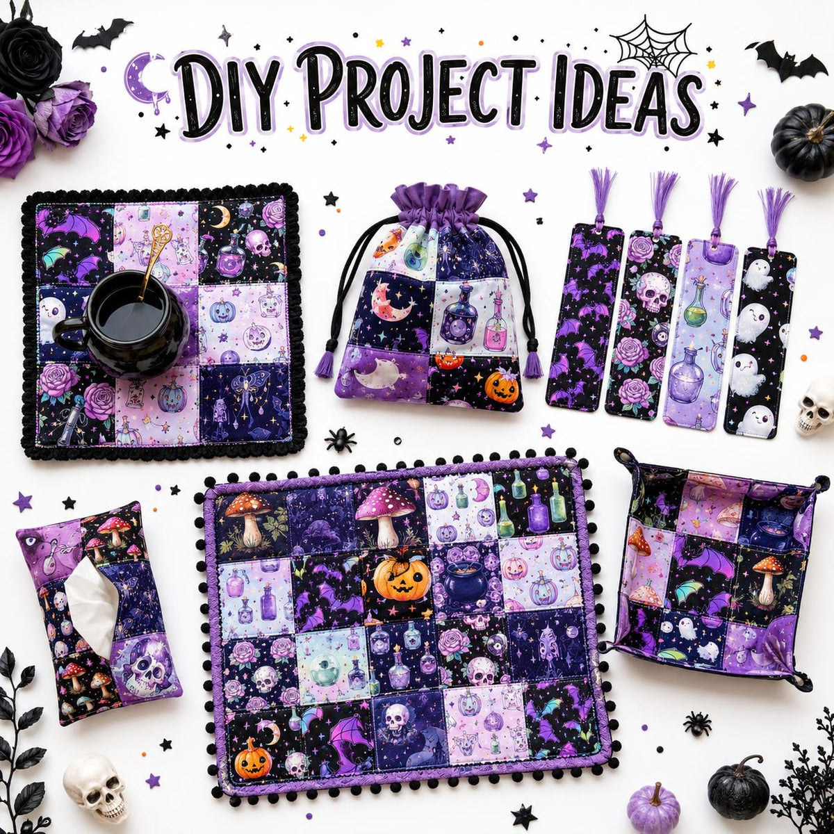 10Pc/Set Halloween Series Butterfly Heart Skull Pumpkin Cat Mushroom Rose Bat Fat Quarter Fabric, Pre-Cut Square Fabric Assort, Fabric Set, Craft Fabric, Handmade DIY Patchwork Fabric,Home Quilting Sewing Fabric, Packaging Fabric, Scrapbooking Craft Hobby