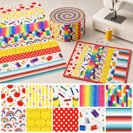 10pcs Vintage Apple Pencil Back to School Theme Jelly Roll Fabric Strips 2.5X19.7inch Pre-Cut 100% Polyester For Patchwork Quilts, Table Runners, Placemats, Tote Bags, Storage Pouches, Makeup Bags, Coasters, Quilt Blocks & Binding