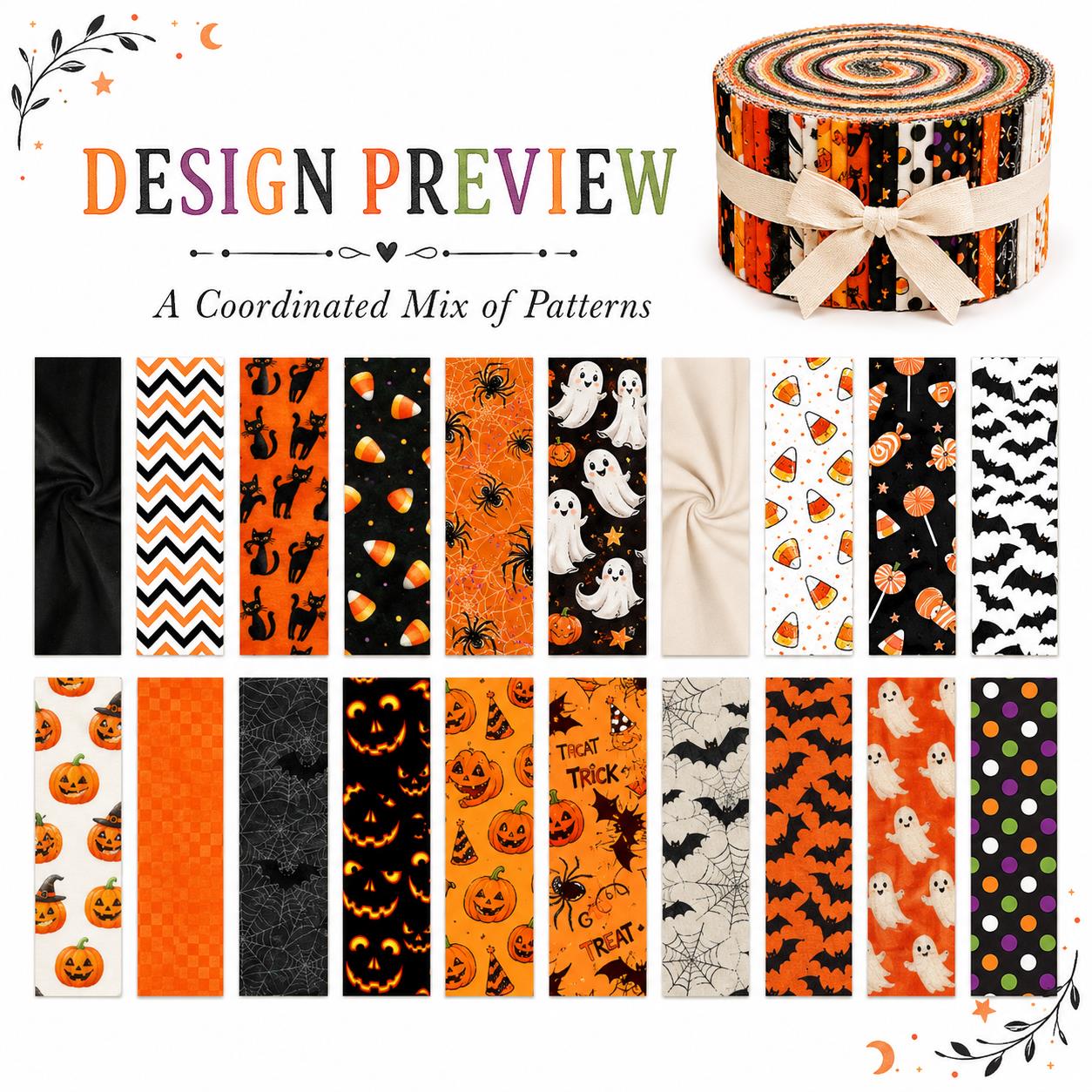 20pcs Vintage Jelly Roll Sliced Fabric Bat Pumpkin Ghost Halloween Series Fabric Strips 2.5X19.7inch Pre-cut Fresh and Delicate Printed Multi-Color 100% Polyester for DIY Handmade Patchwork, Table Runners, Placemats, Tote Bags, Storage Pouches