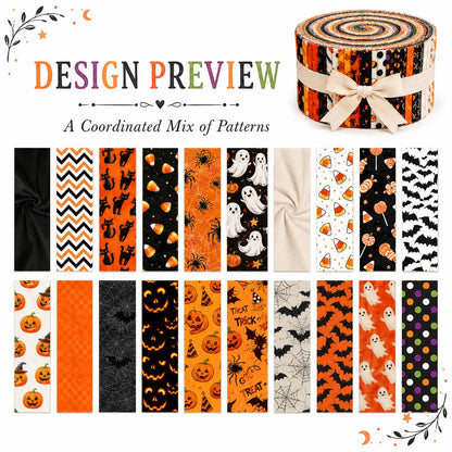 20pcs Vintage Jelly Roll Sliced Fabric Bat Pumpkin Ghost Halloween Series Fabric Strips 2.5X19.7inch Pre-cut Fresh and Delicate Printed Multi-Color 100% Polyester for DIY Handmade Patchwork, Table Runners, Placemats, Tote Bags, Storage Pouches