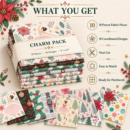 10Pc/Set Christmas Series Flower Ballet Tree Holly Fat Quarter Fabric, Pre-Cut Square Fabric Assort, Fabric Set, Craft Fabric, Handmade DIY Patchwork Fabric,Home Quilting Sewing Fabric, Packaging Fabric, Scrapbooking Craft Hobbyist