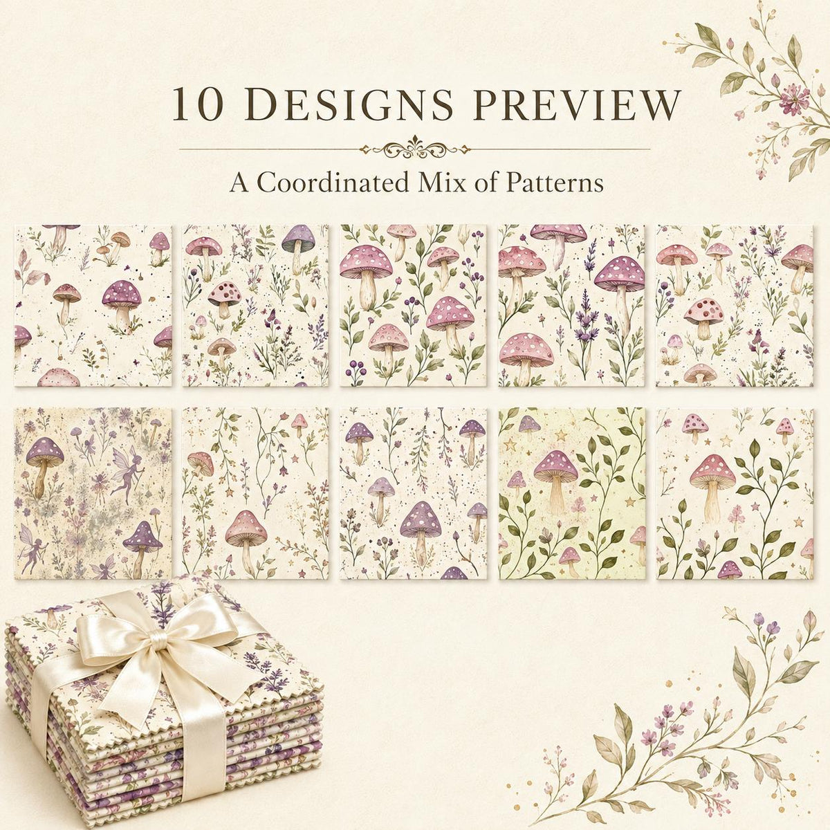 10pcs Charm Pack Set Mushroom Floral Deer Pattern Vintage Style Handmade DIY with Rich Color and Texture Elements 100% Polyester Patchwork in 10 Design Styles Suitable for Patchwork DIY Craft Projects DIY Wallet Making Gift Giving Bag Making Mother's Day
