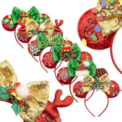 Adorable Christmas Festive Ears Sequined Headband with Bows--With box packaging