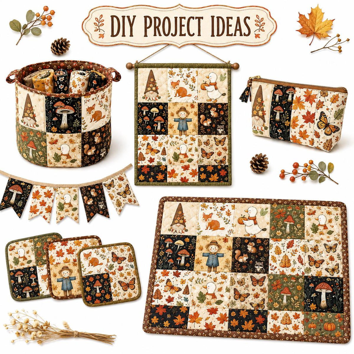 10Pc/Set Autumn Series Pumpkin Maple Leaf Thanksgiving Day Turkey Mushroom Duck Fat Quarter Fabric, Pre-Cut Square Fabric Assort, Fabric Set, Craft Fabric, Handmade DIY Patchwork Fabric,Home Quilting Sewing Fabric, Packaging Fabric, Scrapbooking Craft Hob
