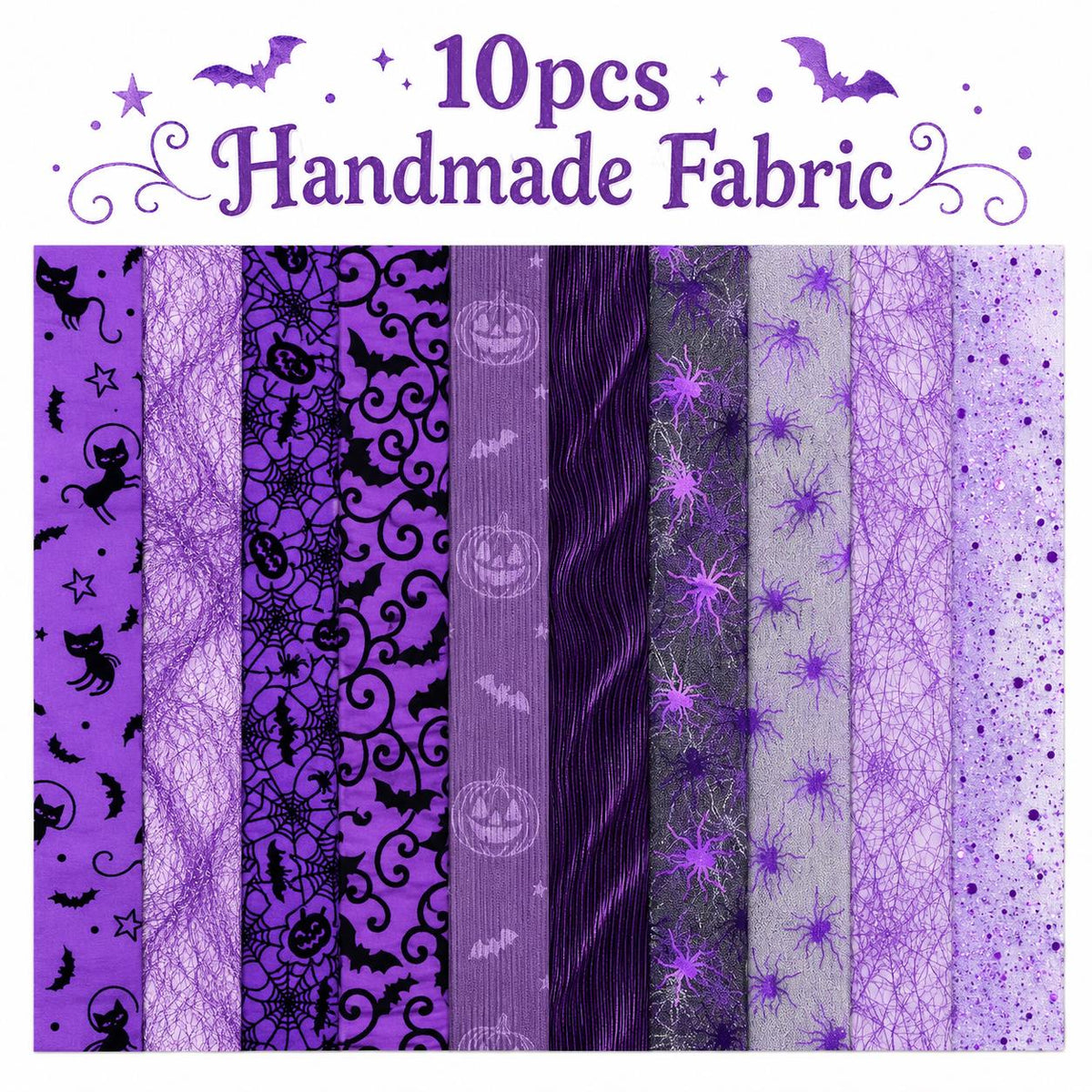 10pcs/Set, Making 10 Images 1pc Each, Each Size: 2.48*19.69inch Pumpkin Spider Plain Purple Halloween Pattern Sliced Fabric Set Style Combination, Polyester Jelly Roll Fabric Strips, Pre-Cut Quilting Squares, for Quilting DIY, Handicrafts And Sewing, Blan