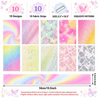 10pcs Vintage Butterfly Mesh Gauze Lace Series Jelly Roll Fabric Strips 2.5X19.7inch Pre-cut 100% Polyester for Patchwork Quilts, Table Runners, Placemats, Tote Bags, Storage Pouches, Makeup Bags, Coasters, Quilt Blocks & Binding Multi-color