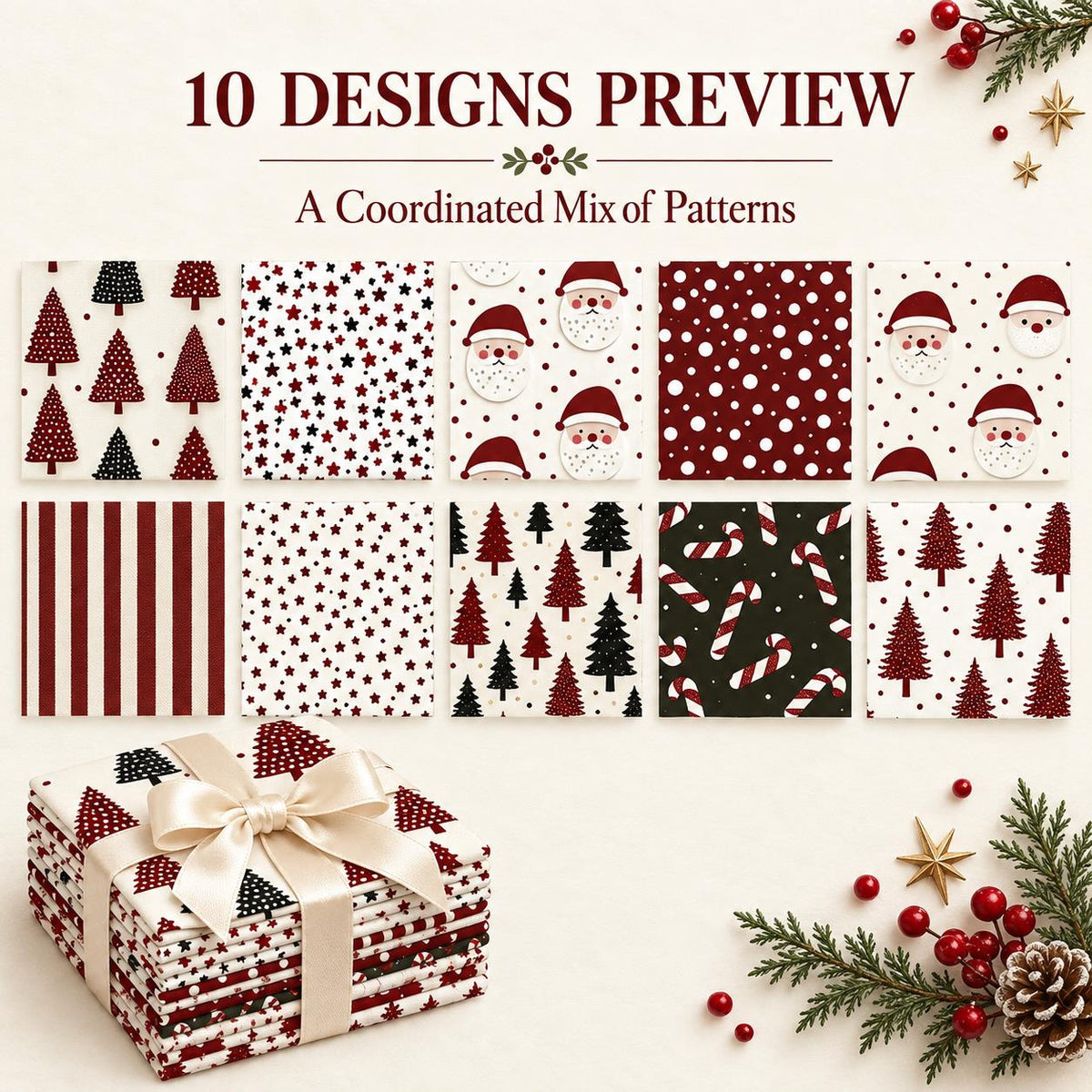 10Pc/Set Christmas Series Star Tree Stripe Dot Crutch Fat Quarter Fabric, Pre-Cut Square Fabric Assort, Fabric Set, Craft Fabric, Handmade DIY Patchwork Fabric,Home Quilting Sewing Fabric, Packaging Fabric, Scrapbooking Craft Hobbyist