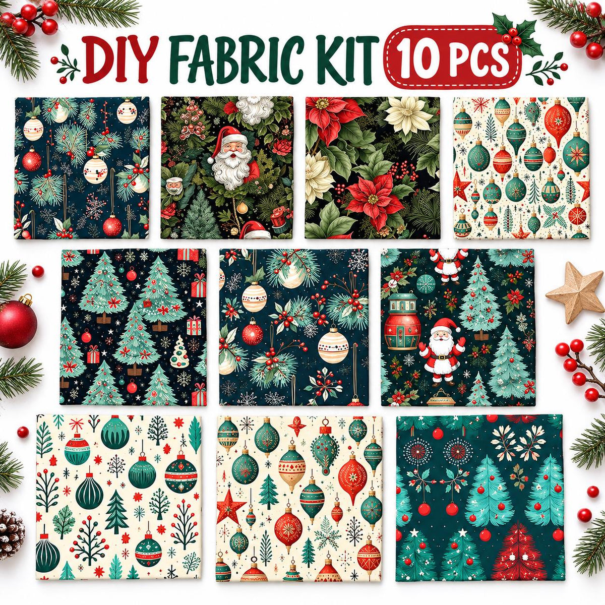 10Pc/Set Christmas Series Flower Tree Bell Star Holly Santa Claus Fat Quarter Fabric, Pre-Cut Square Fabric Assort, Fabric Set, Craft Fabric, Handmade DIY Patchwork Fabric,Home Quilting Sewing Fabric, Packaging Fabric, Scrapbooking Craft Hobbyist