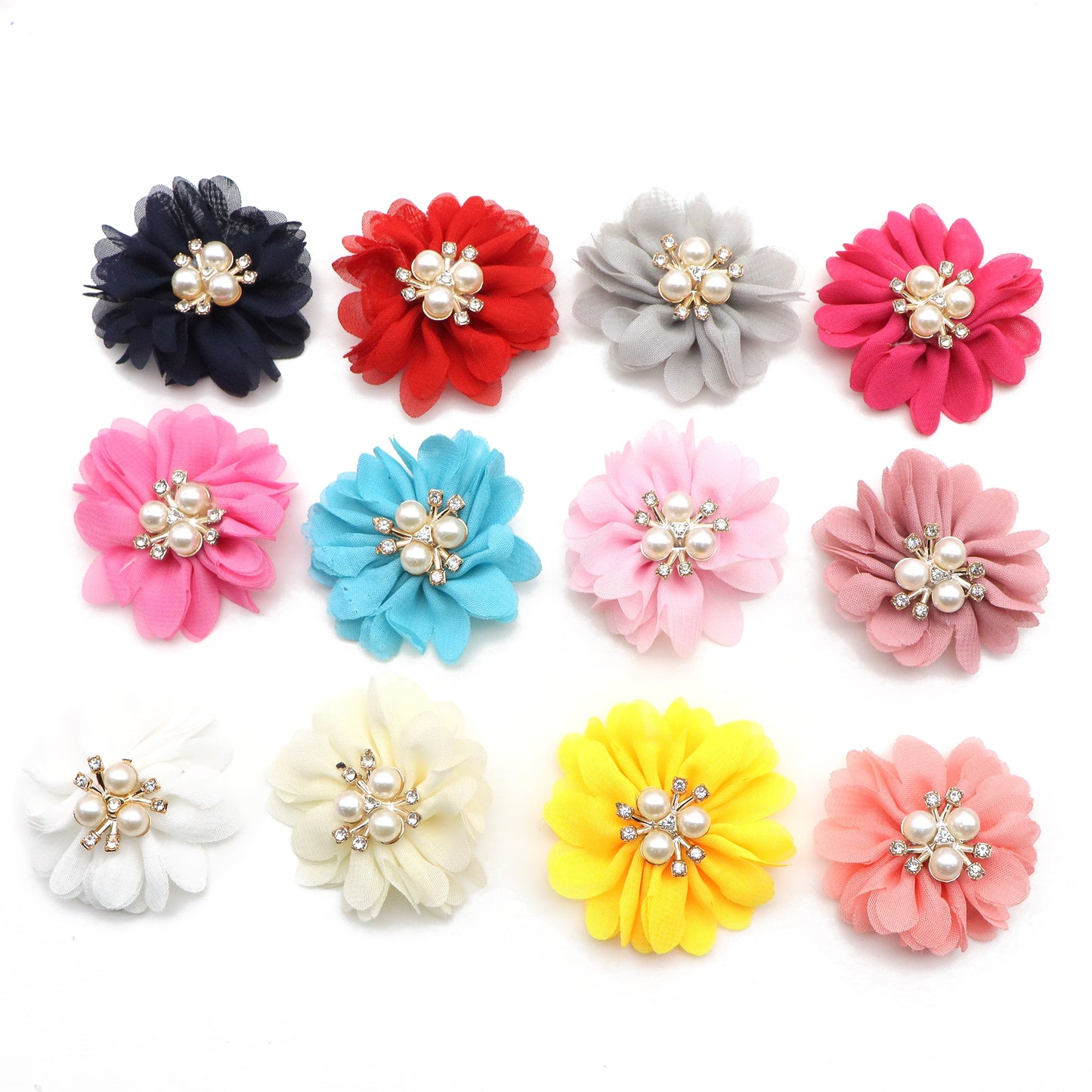 12Pcs/set Chiffon Fabric Flowers with Faux Pearl Center, 1.96inch Polyester Hair Accessories for DIY Hairbands, Headbands, Dresses, Sandals, Hats - Casual Style, Woven, Festive Decorations