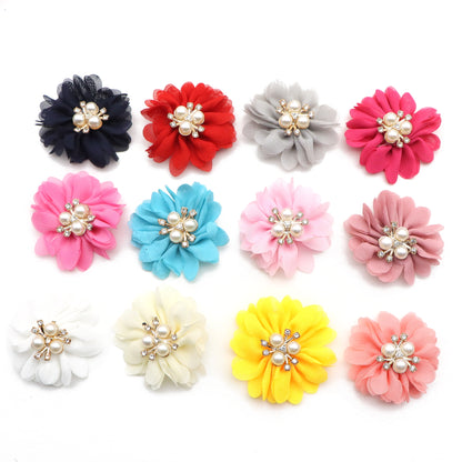 12Pcs/set Chiffon Fabric Flowers with Faux Pearl Center, 1.96inch Polyester Hair Accessories for DIY Hairbands, Headbands, Dresses, Sandals, Hats - Casual Style, Woven, Festive Decorations