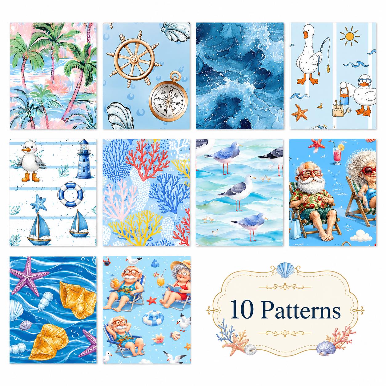 10Pc/Set, Making 10 Images 1pc Each, Each Size: 6.3*50cm Grandma Beach Ocean Series Sliced Fabric Set Style Combination, Polyester Jelly Roll Fabric Strips, Pre-Cut Quilting Squares, For Quilting DIY, Handicrafts And Sewing, Blankets, Rugs