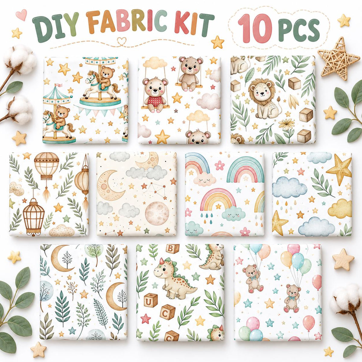 10Pc/Set Animal Series Dinosaurs Star Lions Bear Cloud Moon Fat Quarter Fabric, Pre-Cut Square Fabric Assort, Fabric Set, Craft Fabric, Handmade DIY Patchwork Fabric,Home Quilting Sewing Fabric, Packaging Fabric, Scrapbooking Craft Hobbyist