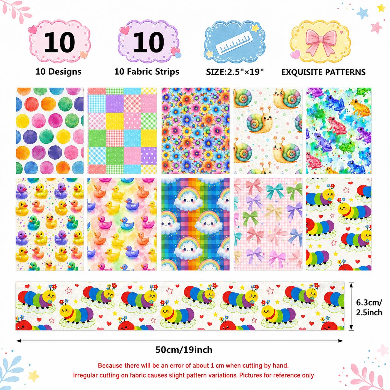 10Pc/Set, Making 10 Images 1pc Each, Each Size: 6.3*50cm Caterpillar Frog Duck Series Sliced Fabric Set Style Combination, Polyester Jelly Roll Fabric Strips, Pre-Cut Quilting Squares, For Quilting DIY, Handicrafts And Sewing, Blankets, Rugs
