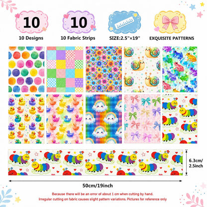 10Pc/Set, Making 10 Images 1pc Each, Each Size: 6.3*50cm Caterpillar Frog Duck Series Sliced Fabric Set Style Combination, Polyester Jelly Roll Fabric Strips, Pre-Cut Quilting Squares, For Quilting DIY, Handicrafts And Sewing, Blankets, Rugs