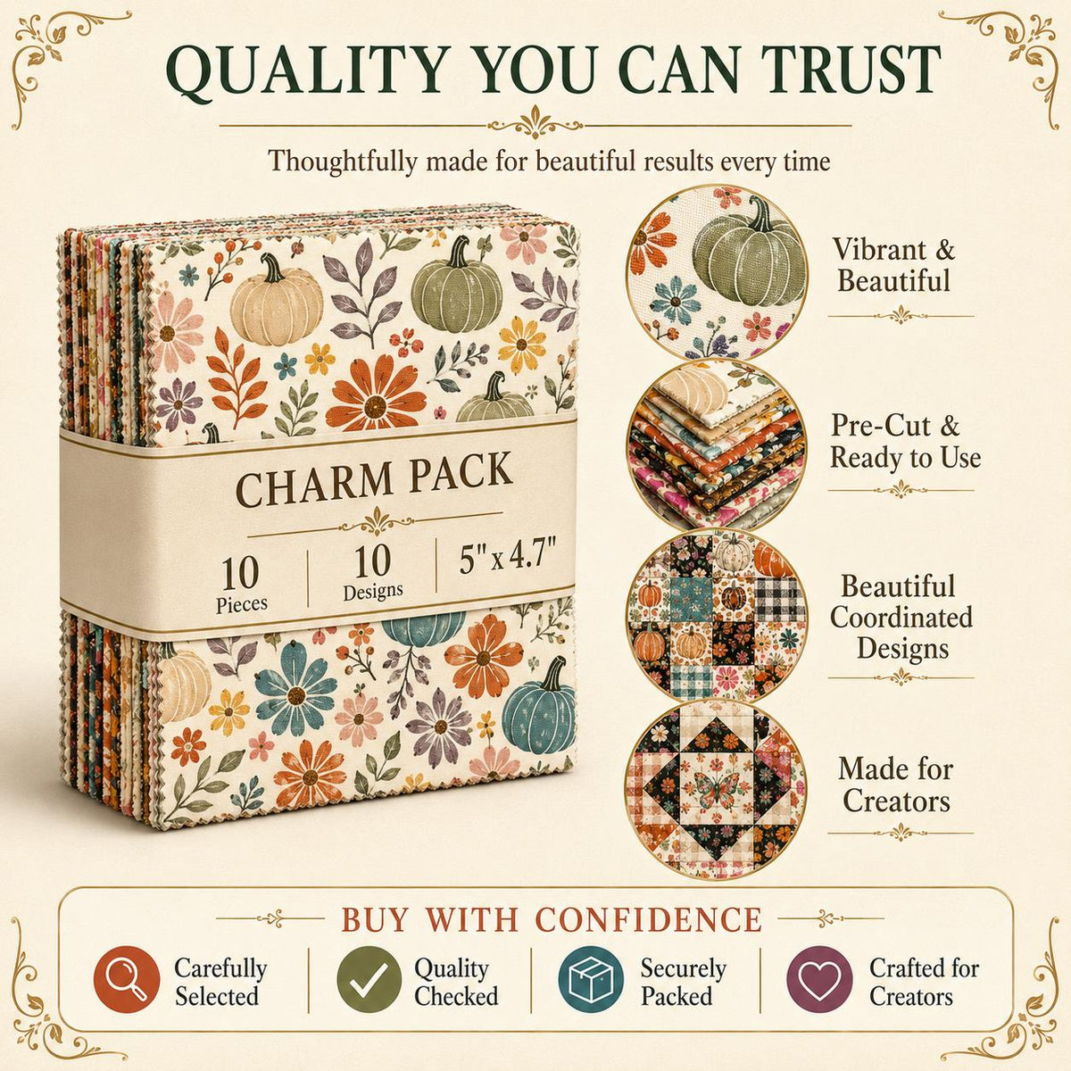 10pcs Charm Pack Set Floral Pumpkin Autumn Pattern Vintage Style Handmade DIY with Rich Color and Texture Elements 100% Polyester Patchwork in 10 Design Styles Suitable for Patchwork DIY Craft Projects DIY Wallet Making Gift Giving Bag Making Mother's Day