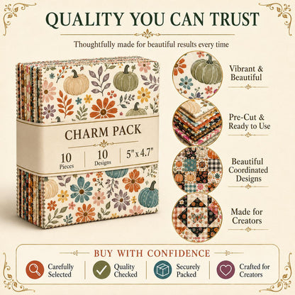 10pcs Charm Pack Set Floral Pumpkin Autumn Pattern Vintage Style Handmade DIY with Rich Color and Texture Elements 100% Polyester Patchwork in 10 Design Styles Suitable for Patchwork DIY Craft Projects DIY Wallet Making Gift Giving Bag Making Mother's Day