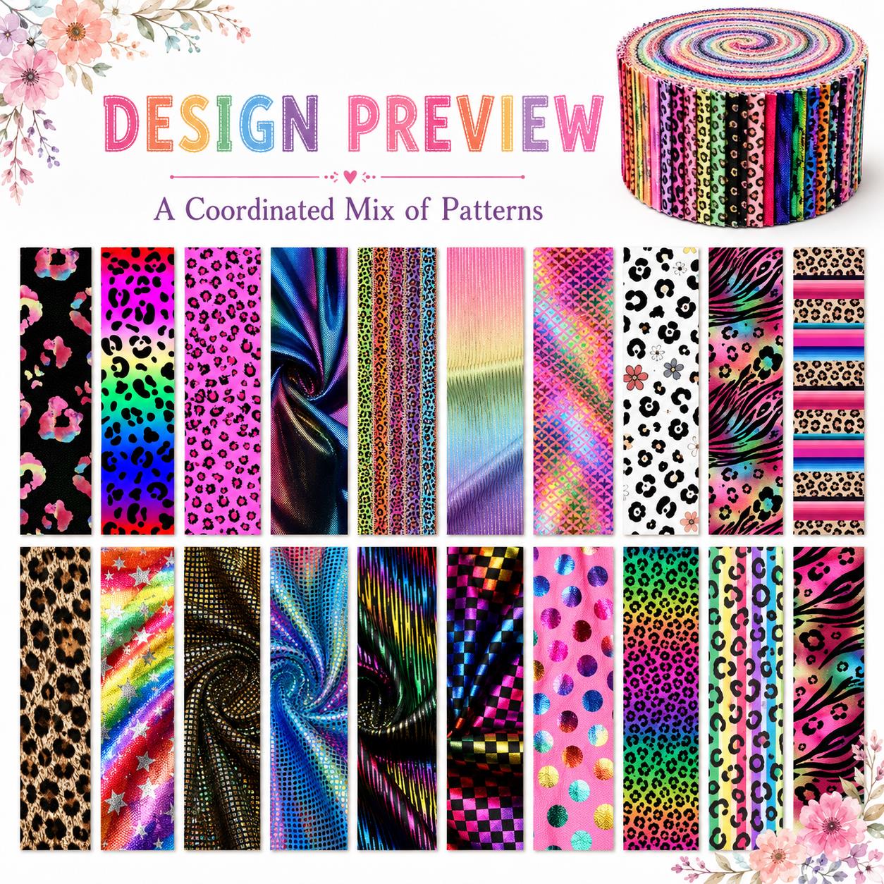 20pcs Vintage  Leopard Colorful Golden Hot Stamping Series Jelly Roll Sliced Fabric Strips 2.5X19.7inch Delicate Printed Multi-Color 100% Polyester for DIY Handmade Patchwork, Table Runners, Placemats, Tote Bags, Storage Pouches, Makeup Bags, Coasters