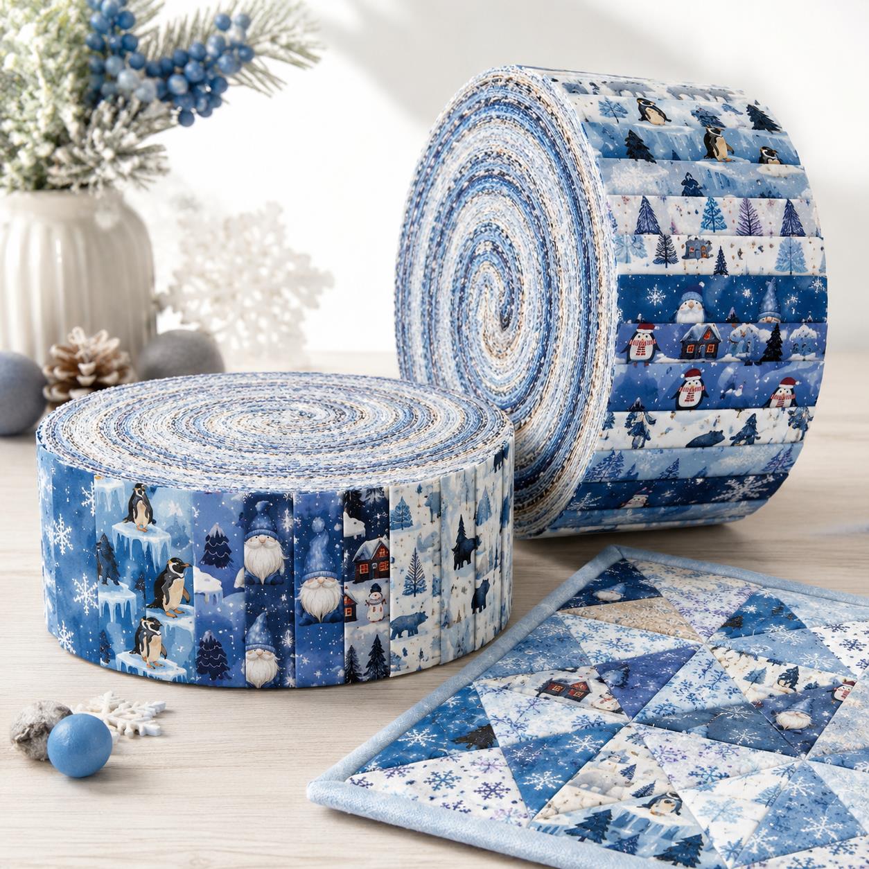 10pcs Vintage Penguin Snow Jelly Roll Fabric Strips 2.5X19.7inch Pre-Cut 100% Polyester For Patchwork Quilts, Table Runners, Placemats, Tote Bags, Storage Pouches, Makeup Bags, Coasters, Quilt Blocks & Binding Christmas Day Gift