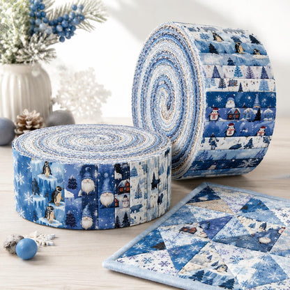 10pcs Vintage Penguin Snow Jelly Roll Fabric Strips 2.5X19.7inch Pre-Cut 100% Polyester For Patchwork Quilts, Table Runners, Placemats, Tote Bags, Storage Pouches, Makeup Bags, Coasters, Quilt Blocks & Binding Christmas Day Gift