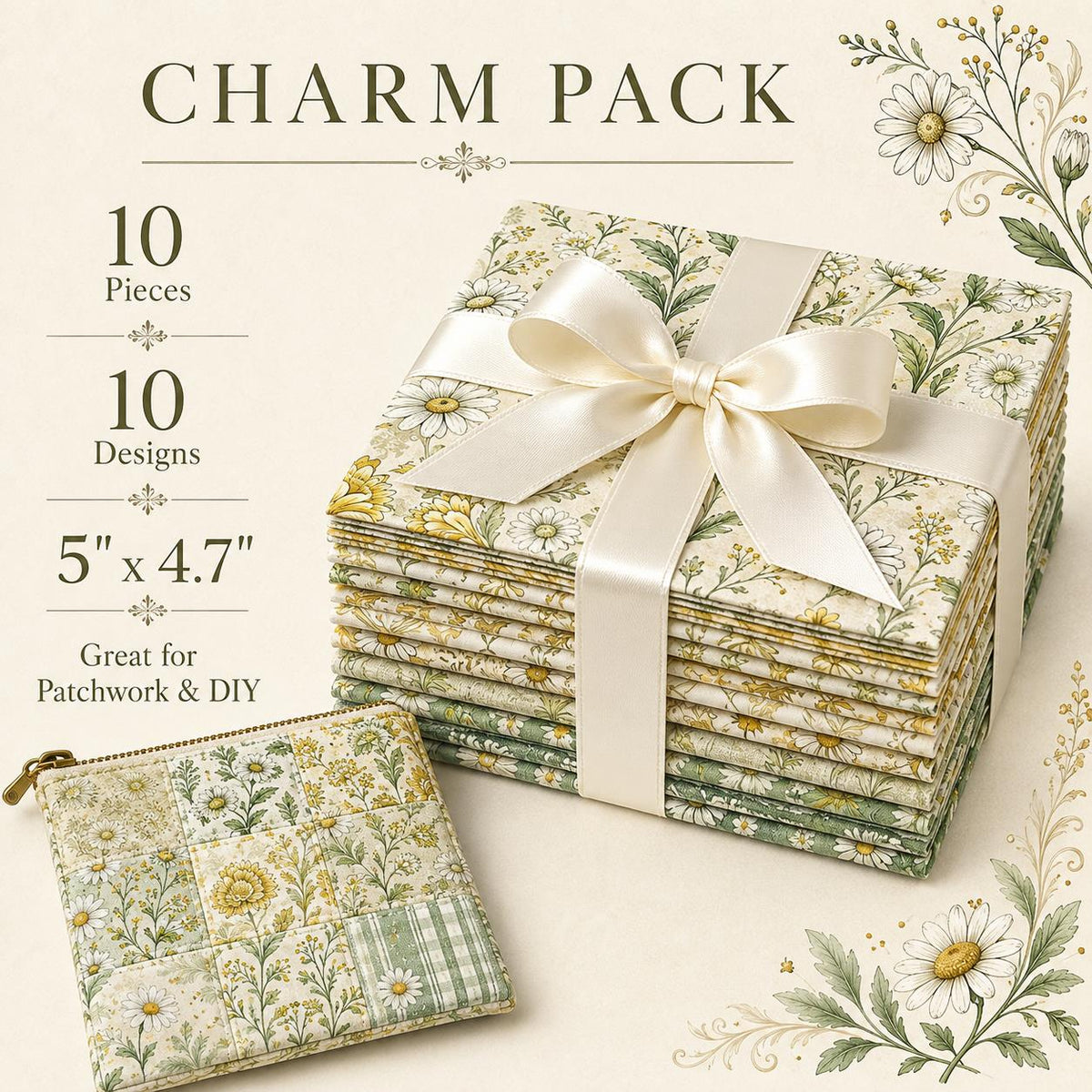 10Pc/Set Flower Series Daisy Plaid Fat Quarter Fabric, Pre-Cut Square Fabric Assort, Fabric Set, Craft Fabric, Handmade DIY Patchwork Fabric,Home Quilting Sewing Fabric, Packaging Fabric, Scrapbooking Craft Hobbyist