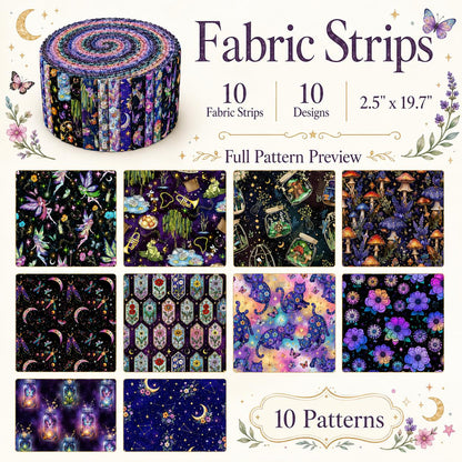 10pcs Vintage Moon Cat Bottle Night Pattern Jelly Roll Fabric Strips 2.5X19.7inch Pre-cut 100% Polyester for Patchwork Quilts, Table Runners, Placemats, Tote Bags, Storage Pouches, Makeup Bags, Coasters, Quilt Blocks & Binding Halloween Gift