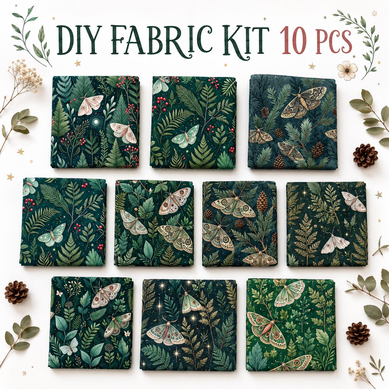 10pcs Charm Pack Set Green Holly Christmas Pattern Vintage Style Pattern Handmade DIY with Rich Color and Texture Elements 100% Polyester Patchwork in 10 Design Styles Suitable for Patchwork DIY Craft Projects DIY Wallet Making Gift Giving Bag Making Moth