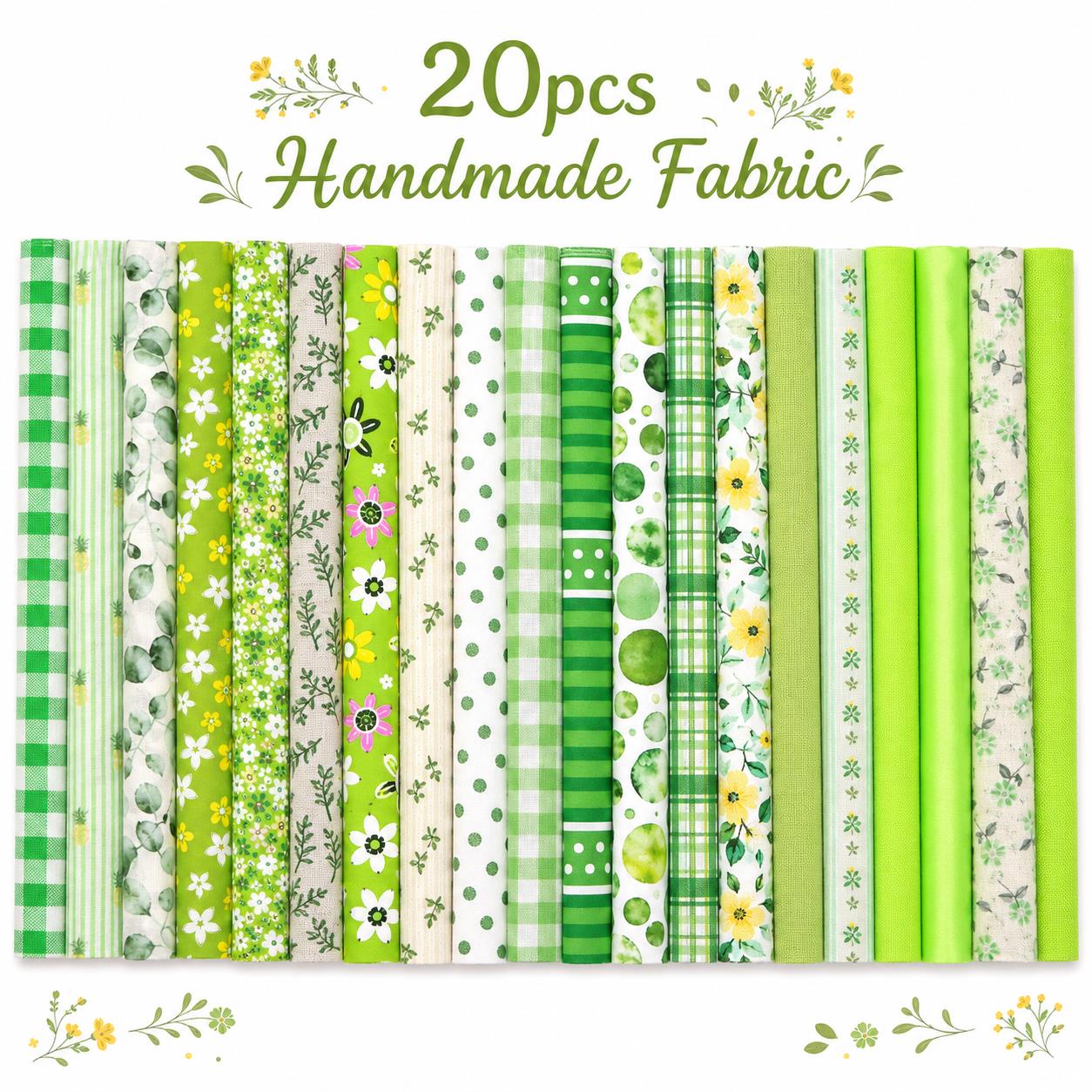 20pcs Vintage Plaid Dot Floral Green Series Jelly Roll Fabric Strips 2.5X19.7inch Delicate Printed Multi-Color 100% Polyester for DIY Handmade Patchwork, Table Runners, Placemats, Tote Bags, Storage Pouches, Makeup Bags, Coasters, Quilt Blocks