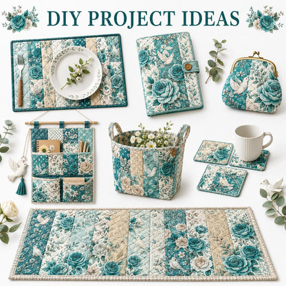 10pcs Vintage Blue Floral Burgundy Pattern Jelly Roll Fabric Strips 2.5X19.7inch Pre-Cut 100% Polyester For Patchwork Quilts, Table Runners, Placemats, Tote Bags, Storage Pouches, Makeup Bags, Coasters, Quilt Blocks & Binding