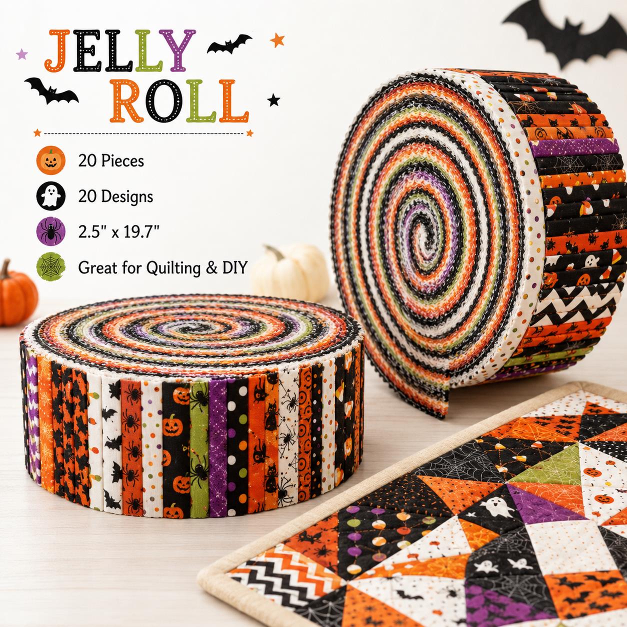 20pcs Vintage Jelly Roll Sliced Fabric Bat Pumpkin Ghost Halloween Series Fabric Strips 2.5X19.7inch Pre-cut Fresh and Delicate Printed Multi-Color 100% Polyester for DIY Handmade Patchwork, Table Runners, Placemats, Tote Bags, Storage Pouches