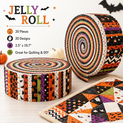 20pcs Vintage Jelly Roll Sliced Fabric Bat Pumpkin Ghost Halloween Series Fabric Strips 2.5X19.7inch Pre-cut Fresh and Delicate Printed Multi-Color 100% Polyester for DIY Handmade Patchwork, Table Runners, Placemats, Tote Bags, Storage Pouches