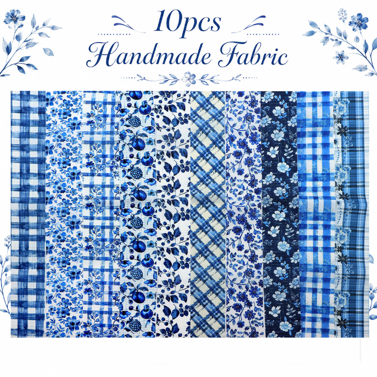10pcs Vintage Floral Plaid Blue Pattern Jelly Roll Fabric Strips 2.5X19.7inch Pre-cut 100% Polyester for Patchwork Quilts, Table Runners, Placemats, Tote Bags, Storage Pouches, Makeup Bags, Coasters, Quilt Blocks & Binding Multi-color