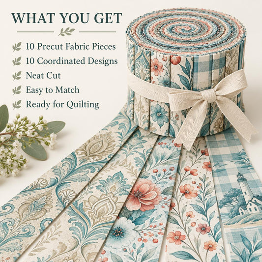 10pcs Vintage Flora Pattern Jelly Roll Fabric Strips 2.5X19.7inch Pre-Cut 100% Polyester For Patchwork Quilts, Table Runners, Placemats, Tote Bags, Storage Pouches, Makeup Bags, Coasters, Quilt Blocks & Binding