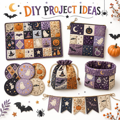 10pcs Charm Pack Set Bat Pumpkin Moon Halloween Vintage Style Pattern Handmade DIY with Rich Color and Texture Elements 100% Polyester Patchwork in 10 Design Styles Suitable for Patchwork DIY Craft Projects DIY Wallet Making Gift Giving Bag Making