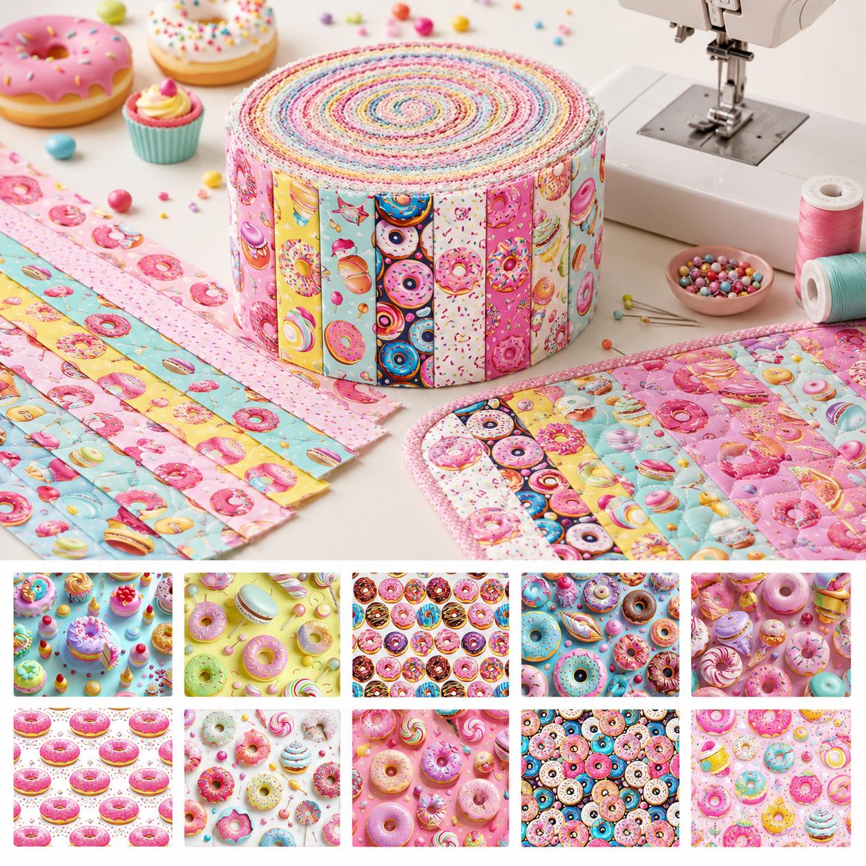10pcs Donuts Jelly Roll Fabric Strips 2.5X19.7inch Pre-Cut 100% Polyester For Patchwork Quilts, Table Runners, Placemats, Tote Bags, Storage Pouches, Makeup Bags, Coasters, Quilt Blocks & Binding