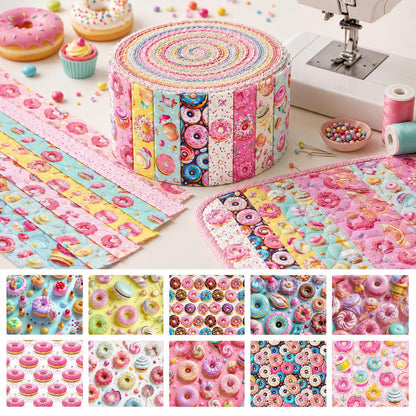 10pcs Donuts Jelly Roll Fabric Strips 2.5X19.7inch Pre-Cut 100% Polyester For Patchwork Quilts, Table Runners, Placemats, Tote Bags, Storage Pouches, Makeup Bags, Coasters, Quilt Blocks & Binding