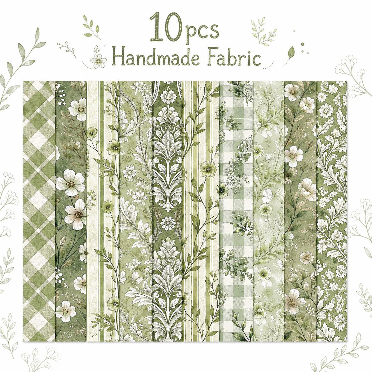 10pcs Vintage Green Floral Pattern Jelly Roll Fabric Strips 2.5X19.7inch Pre-Cut 100% Polyester For Patchwork Quilts, Table Runners, Placemats, Tote Bags, Storage Pouches, Makeup Bags, Coasters, Quilt Blocks & Binding