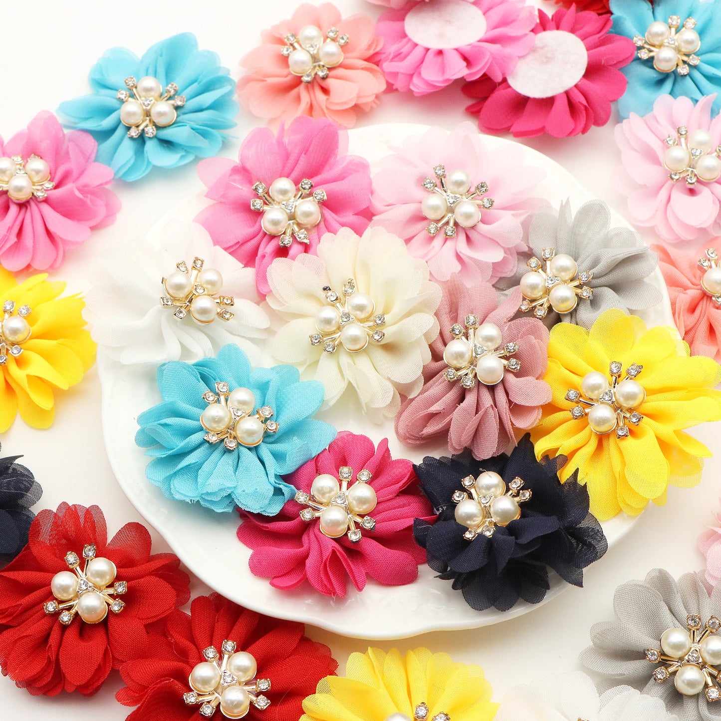 12Pcs/set Chiffon Fabric Flowers with Faux Pearl Center, 1.96inch Polyester Hair Accessories for DIY Hairbands, Headbands, Dresses, Sandals, Hats - Casual Style, Woven, Festive Decorations