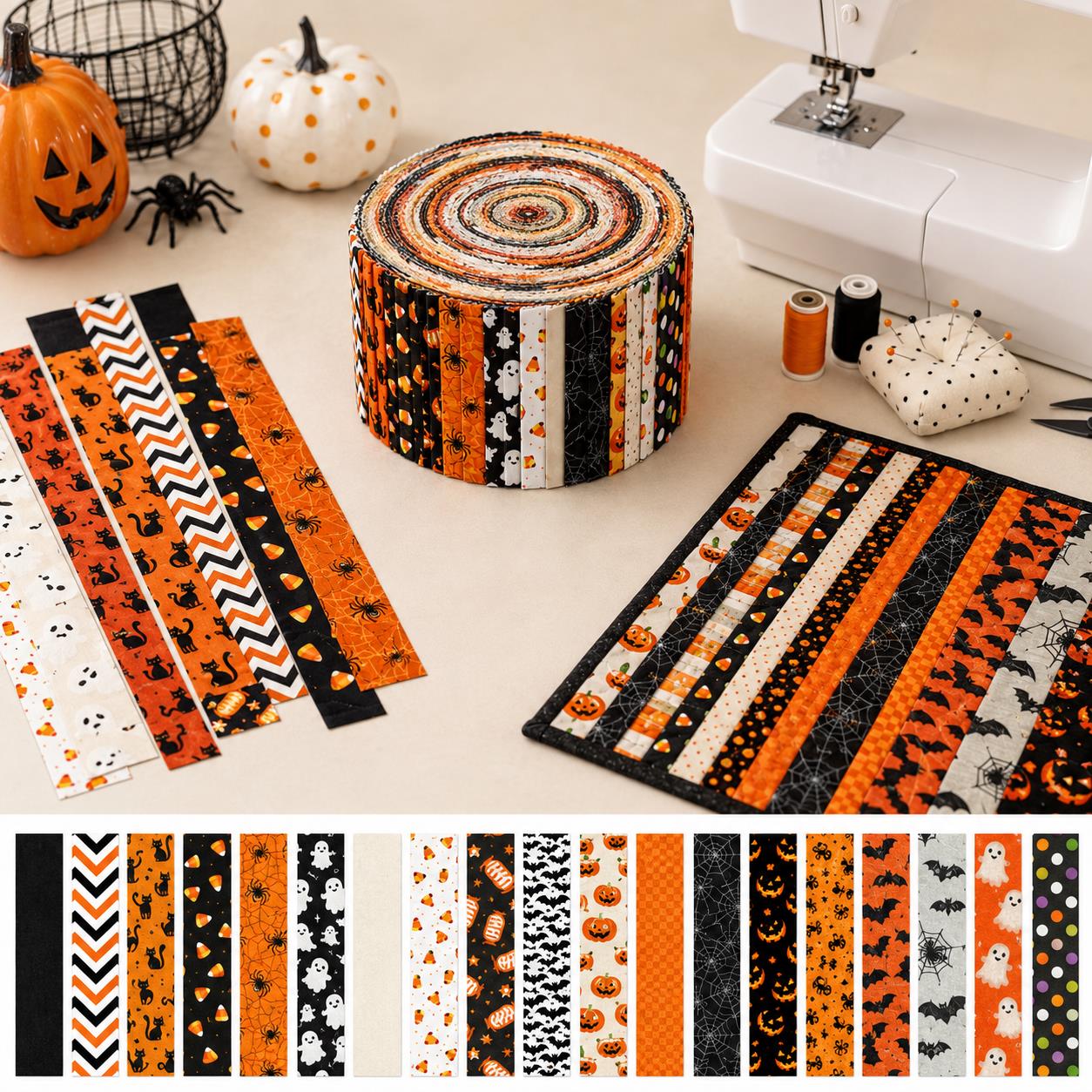 20pcs Vintage Jelly Roll Sliced Fabric Bat Pumpkin Ghost Halloween Series Fabric Strips 2.5X19.7inch Pre-cut Fresh and Delicate Printed Multi-Color 100% Polyester for DIY Handmade Patchwork, Table Runners, Placemats, Tote Bags, Storage Pouches