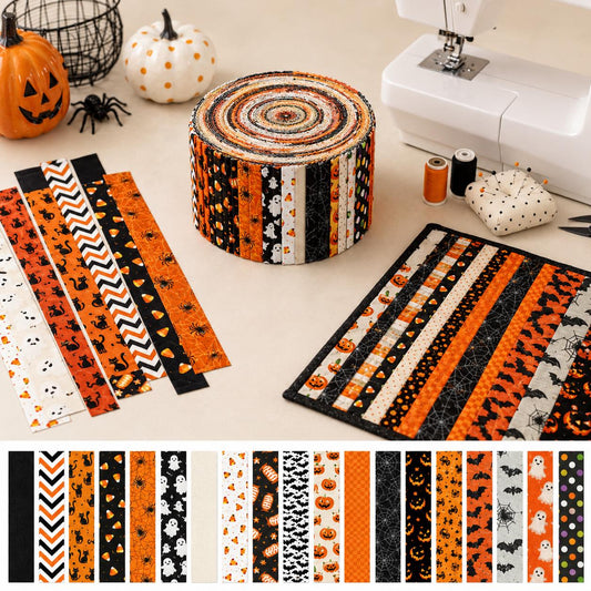 20pcs Vintage Jelly Roll Sliced Fabric Bat Pumpkin Ghost Halloween Series Fabric Strips 2.5X19.7inch Pre-cut Fresh and Delicate Printed Multi-Color 100% Polyester for DIY Handmade Patchwork, Table Runners, Placemats, Tote Bags, Storage Pouches
