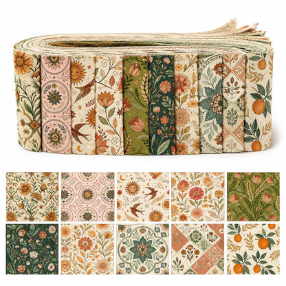 10pcs Vintage Floral Pattern Jelly Roll Fabric Strips 2.5X19.7inch Pre-Cut 100% Polyester For Patchwork Quilts, Table Runners, Placemats, Tote Bags, Storage Pouches, Makeup Bags, Coasters, Quilt Blocks & Binding