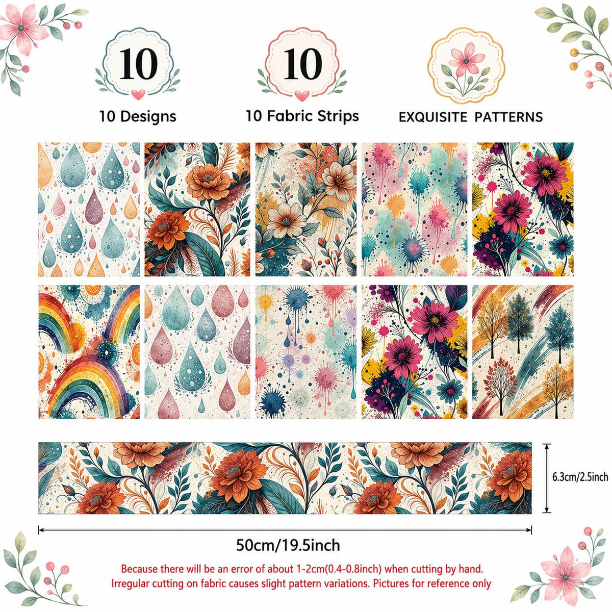10pcs Vintage Floral Paint Splatter Pattern Jelly Roll Fabric Strips 2.5X19.7inch Pre-Cut 100% Polyester For Patchwork Quilts, Table Runners, Placemats, Tote Bags, Storage Pouches, Makeup Bags, Coasters, Quilt Blocks & Binding