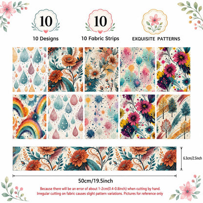 10pcs Vintage Floral Paint Splatter Pattern Jelly Roll Fabric Strips 2.5X19.7inch Pre-Cut 100% Polyester For Patchwork Quilts, Table Runners, Placemats, Tote Bags, Storage Pouches, Makeup Bags, Coasters, Quilt Blocks & Binding