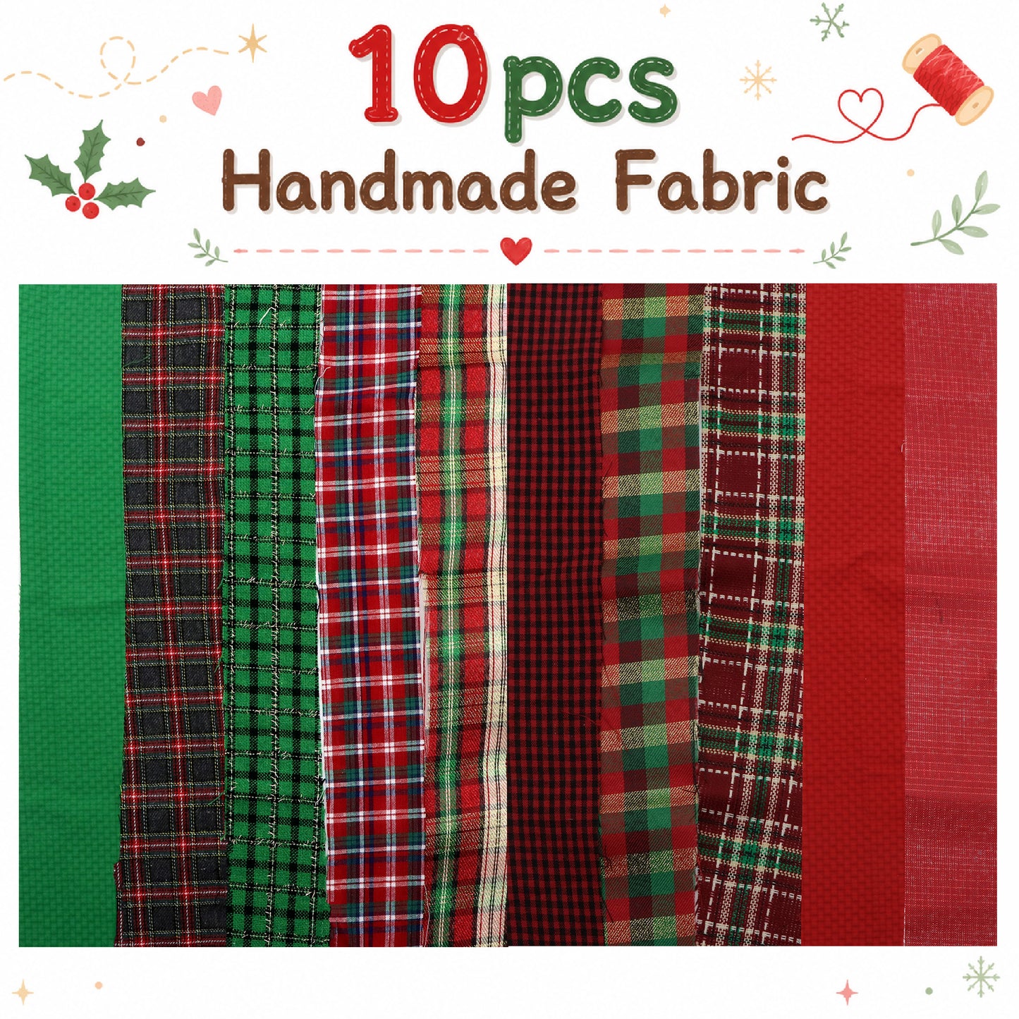 10Pc/Set, Making 10 Images 1pc Each, Each Size: 6.3*50cm Plaid Grid Christmas Series Sliced Fabric Set Style Combination, Polyester Jelly Roll Fabric Strips, Pre-Cut Quilting Squares, For Quilting DIY, Handicrafts And Sewing, Blankets, Rugs