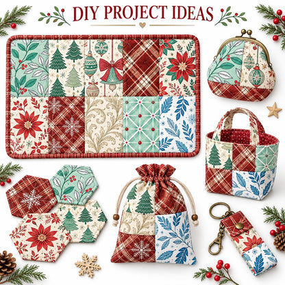 10Pc/Set Christmas Flower Series Plaid Tree Bell Fat Quarter Fabric, Pre-Cut Square Fabric Assort, Fabric Set, Craft Fabric, Handmade DIY Patchwork Fabric,Home Quilting Sewing Fabric, Packaging Fabric, Scrapbooking Craft Hobbyist