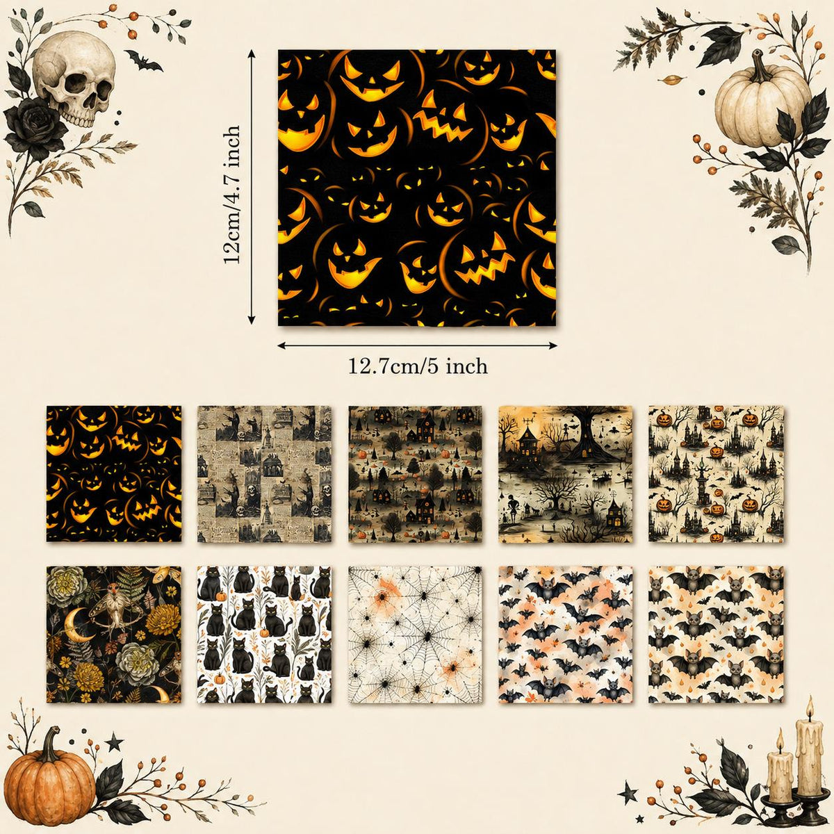 10Pc/Set Halloween Skull Cat Bat Spider Web Witch Pumpkin Series Fat Quarter Fabric, Pre-Cut Square Fabric Assort, Fabric Set, Craft Fabric, Handmade DIY Patchwork Fabric,Home Quilting Sewing Fabric, Packaging Fabric, Scrapbooking Craft Hobbyist