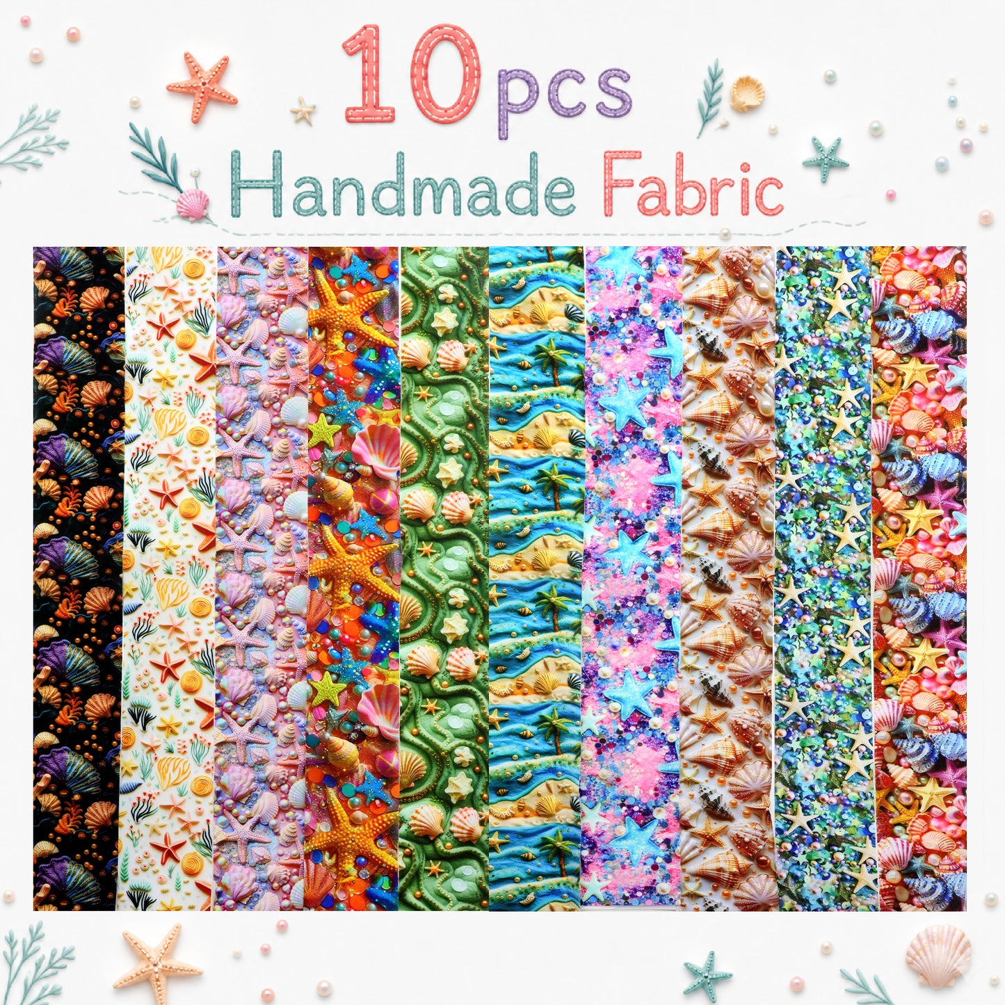 10Pc/Set, Making 10 Images 1pc Each, Each Size: 6.3*50cm 2D Flat Starfish Shell Pearl Sea Series Sliced Fabric Set Style Combination, Polyester Jelly Roll Fabric Strips, Pre-Cut Quilting Squares, For Quilting DIY, Handicrafts And Sewing, Blankets, Rugs