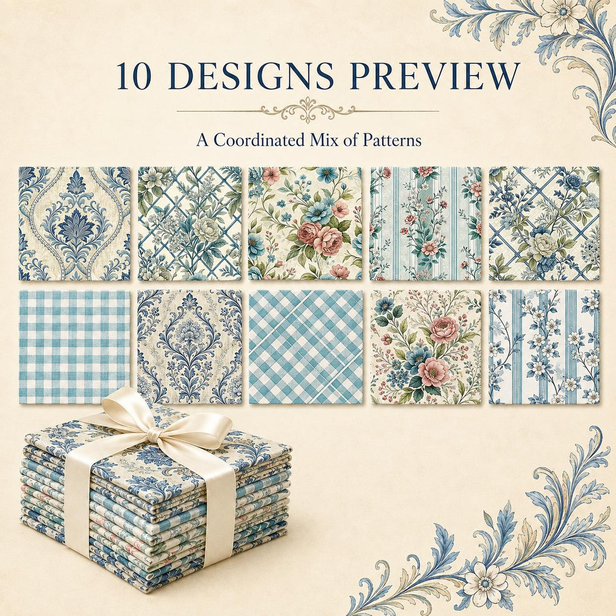 10pcs Charm Pack Set Floral Pattern Vintage Style Handmade DIY with Rich Color and Texture Elements 100% Polyester Patchwork in 10 Design Styles Suitable for Patchwork DIY Craft Projects DIY Wallet Making Gift Giving Bag Making Mother's Day Gift