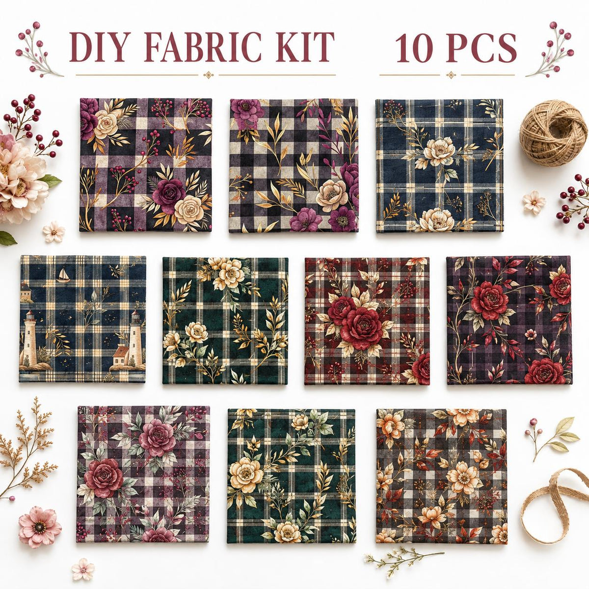 10Pc/Set Flower Plaid Series Fat Quarter Fabric, Pre-Cut Square Fabric Assort, Fabric Set, Craft Fabric, Handmade DIY Patchwork Fabric,Home Quilting Sewing Fabric, Packaging Fabric, Scrapbooking Craft Hobbyist
